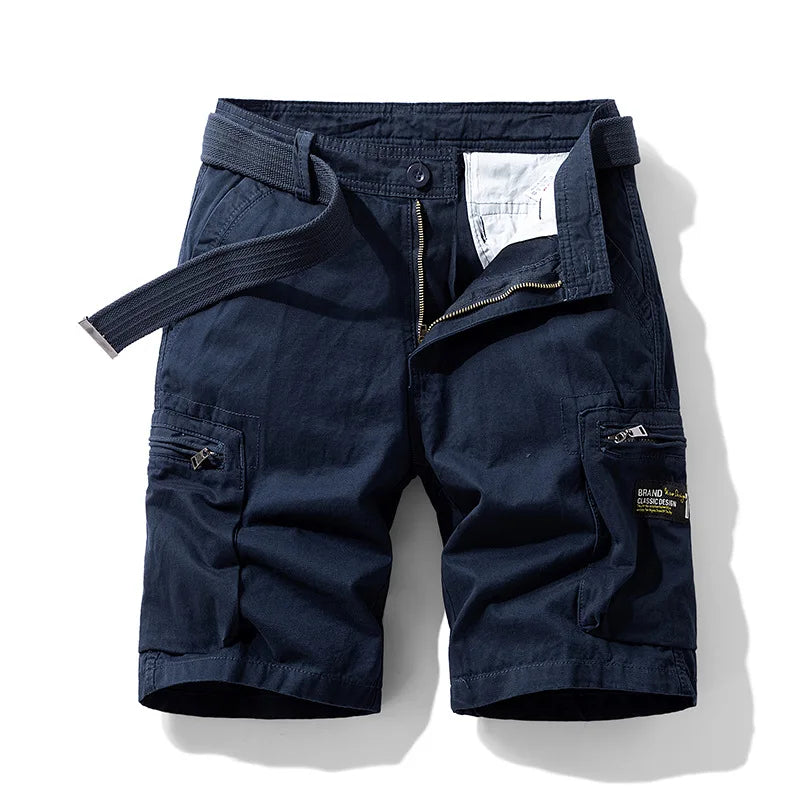 Summer New Fashion Vintage Men's Multi Pocket Loose Straight Wude Leg Solid Color Casual Trendy Knee Length Shorts Male Clothes