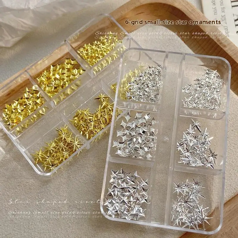 6 Girds 3D Metal Stars Nail Rivet Studs Decoration Starlight Sparkle Jewelry Nail Arts Tools Alloy Manicure Accessories