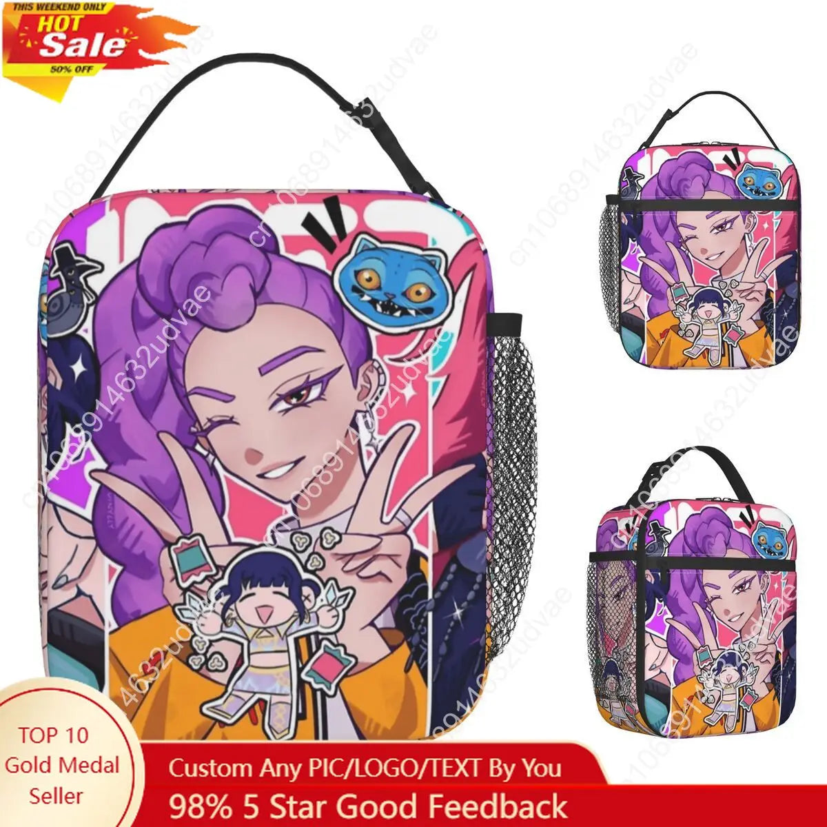 KPOP Demon Hunters Anime Lunch Bag Portable Lunch Box Girls Outdoor Picnic Print Cooler Bag Funny Oxford Tote Food Bags