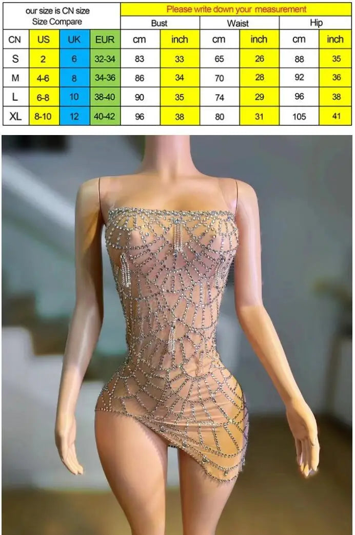 Sexy Mesh Tube Top Tight Backless Irregular Design Sense Mesh Rhinestone Shining Gift Vestidos Promoção Plus Sai-se Party Dress