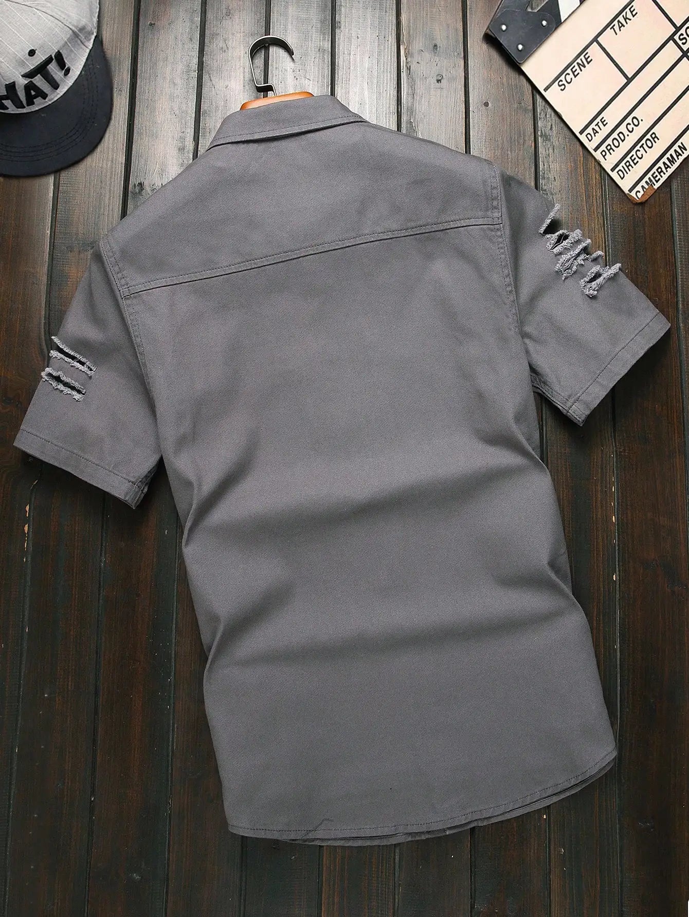 Men's Summer Dark Gray Ripped Short-Sleeve Denim Shirt, featuring a lapel collar and double pockets to retain the workwear style