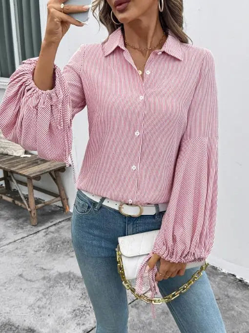 Women's T-Shirt 2025 Fashion 2025 Autumn/winter New Women's Shirt Elegant Commuting Striped Women's Shirt Women's Wear