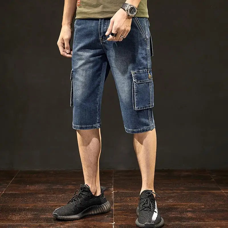 Men's Short Jeans Pants Blue Straight Cargo with Pockets Male Half Denim Shorts Cowboy Designer Stretchable Wih Zipper Stretch