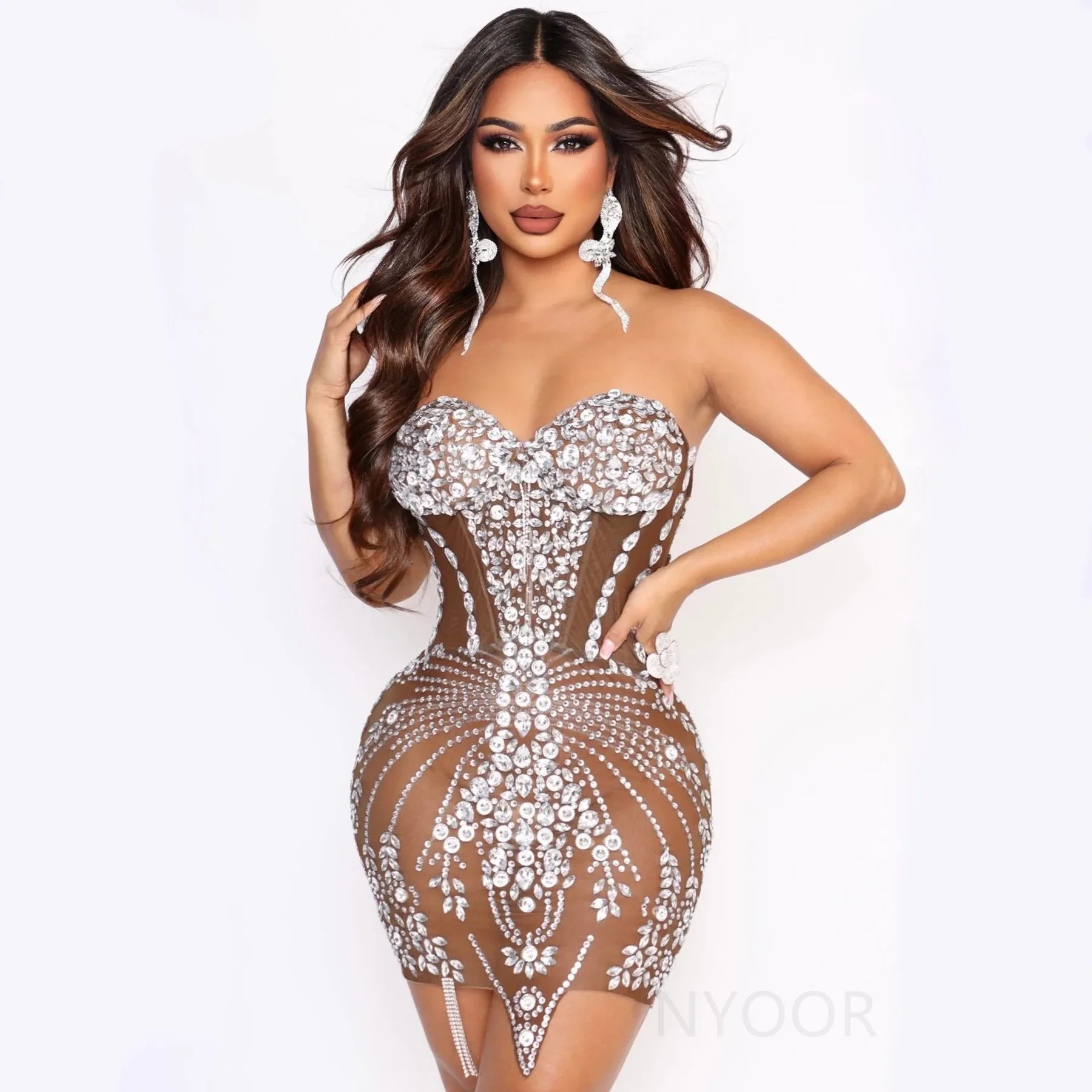 Sexy Tight Backless Tube Top Waist Rhinestone Sparkling Dress Short Skirt Hip Wrap Banquet Singer Model Vestidos Para Graduación