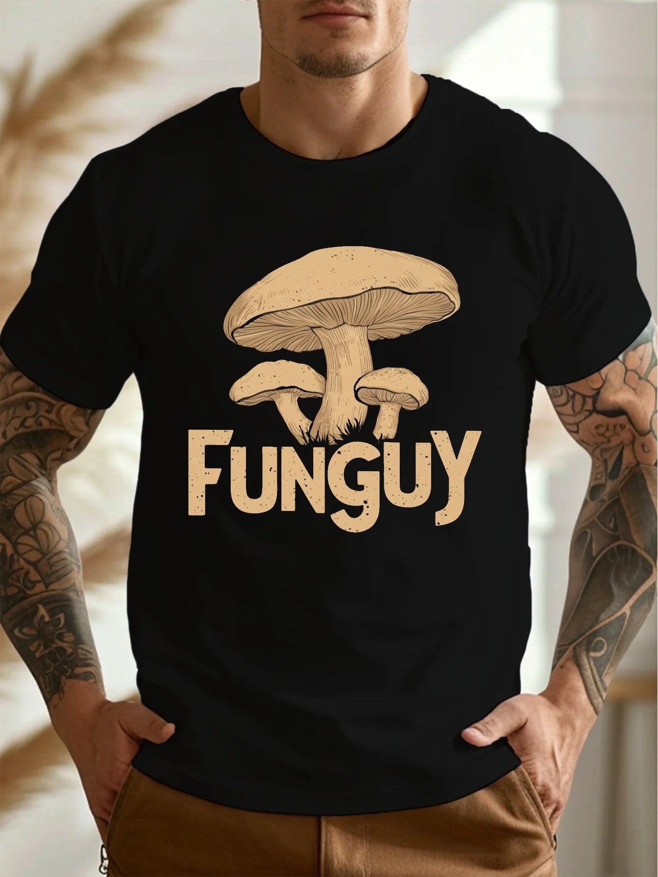 [Funguy Mushroom Print Tee] Summer Lightweight Men's Funguy Mushroom Print T-Shirt - Casual Crew Neck Short Sleeve Top