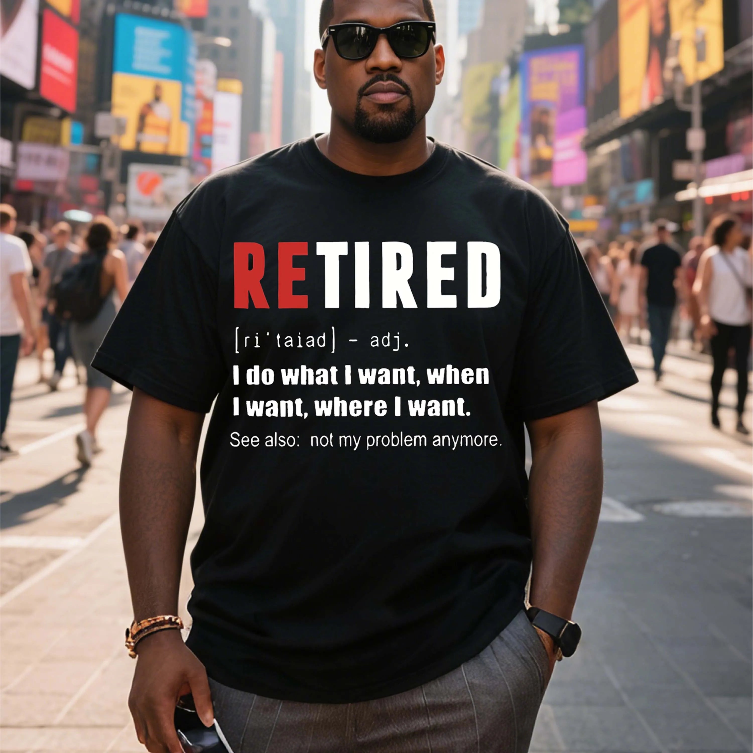 Plus Size Black Short Sleeve T-Shirt With“Retired” Word and Its Explanation Suitable for Outdoor Leisure Wear in Summer