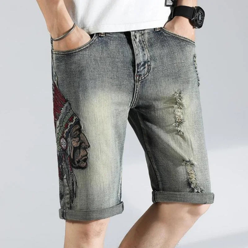 Ripped Graphic Men's Short Jeans Pants Multi Color Male Denim Shorts Hip Hop Korean Fashion Summer Vintage Rude Blue Distressed
