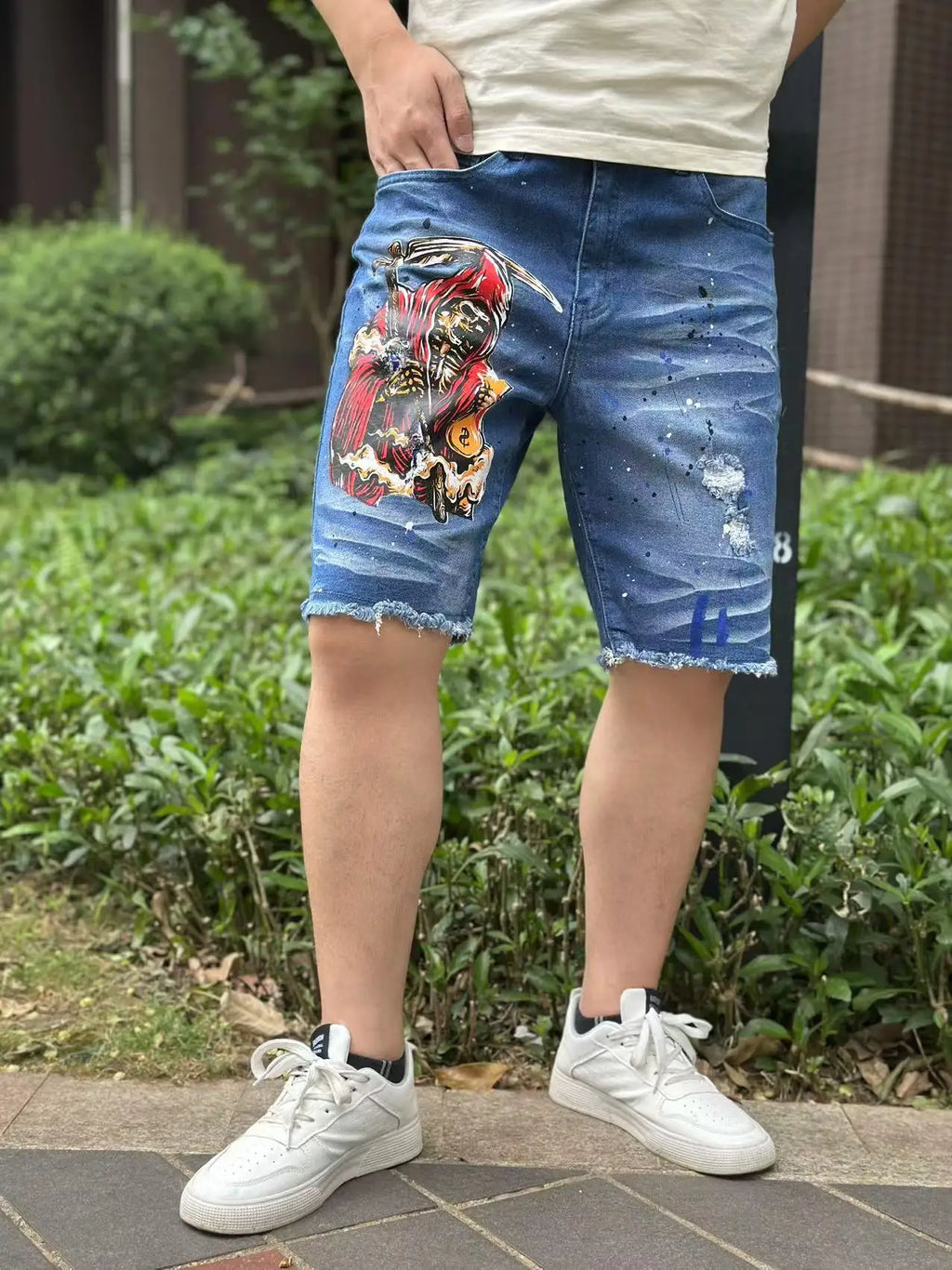 Y2K  Fashionable men's short denim pants with unique devilish pattern    Summer bestseller   three styles to choose from