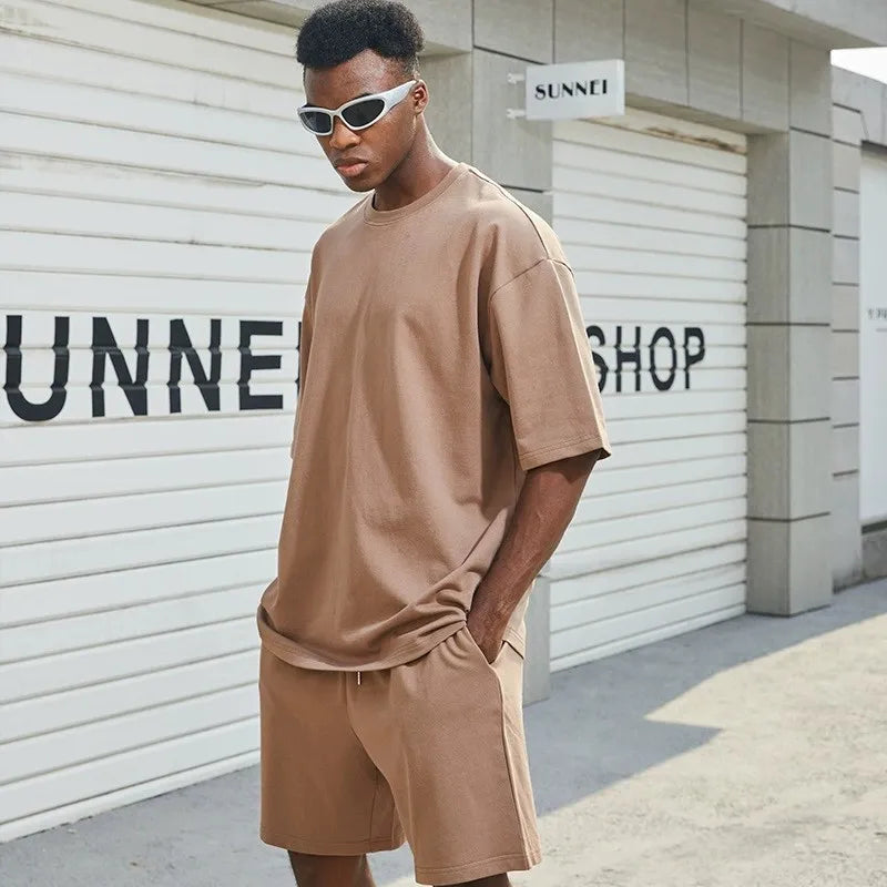 High Quality 100% Cotton Summer 2 Piece Set Man Street Style Brown T-shirt and Short Set Plus Size Blank Tracksuits Set for Men