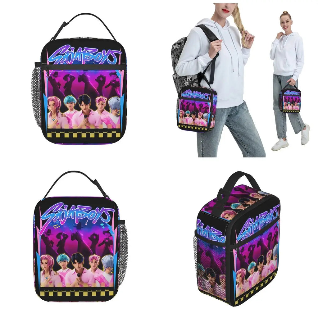 Kpop Demon Hunters Boys Team Retro Style 90s Insulated Lunch Bags Portable Meal Container Cooler Bag Tote Lunch Box Food Handbag