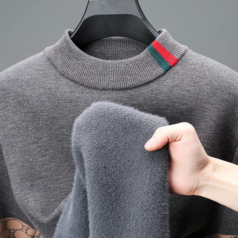 High End Design Men's Pullover O-Neck Velvet Thickened Sweater Winter New Color Blocked Striped Warm Knitted Business Men's wear