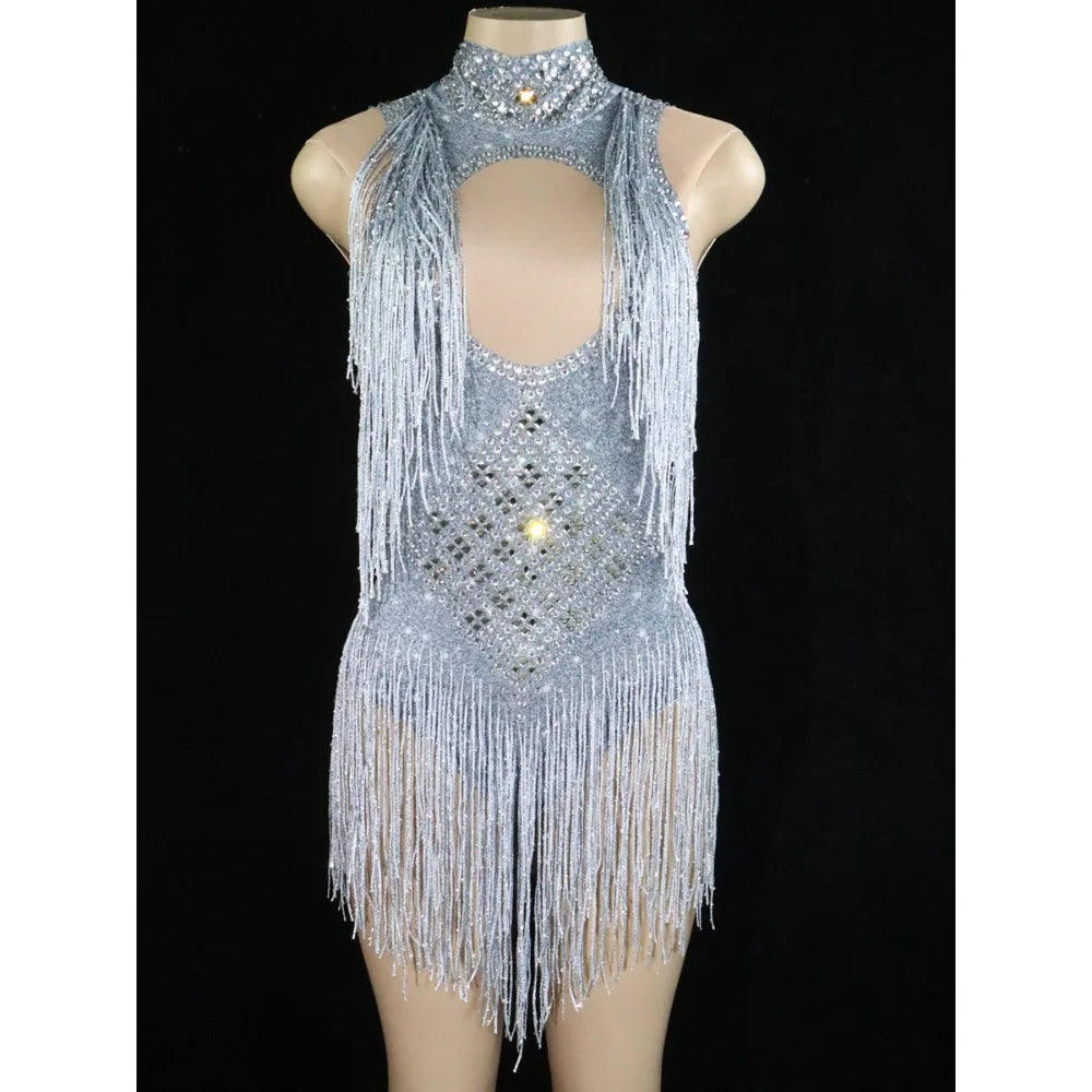 Birthday Party Sexy Stage Show Costume Bar Dj Turtleneck Diamond Fringed Stretch Onesie Skirt Vestidos Elegantes Mujer De Fiesta