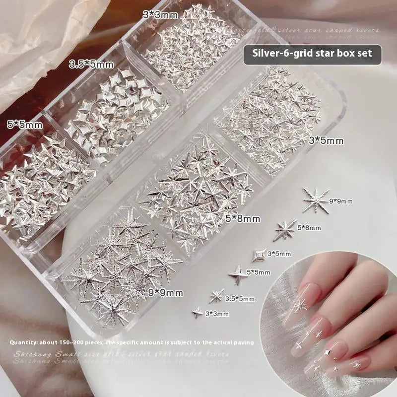 6 Girds 3D Metal Stars Nail Rivet Studs Decoration Starlight Sparkle Jewelry Nail Arts Tools Alloy Manicure Accessories