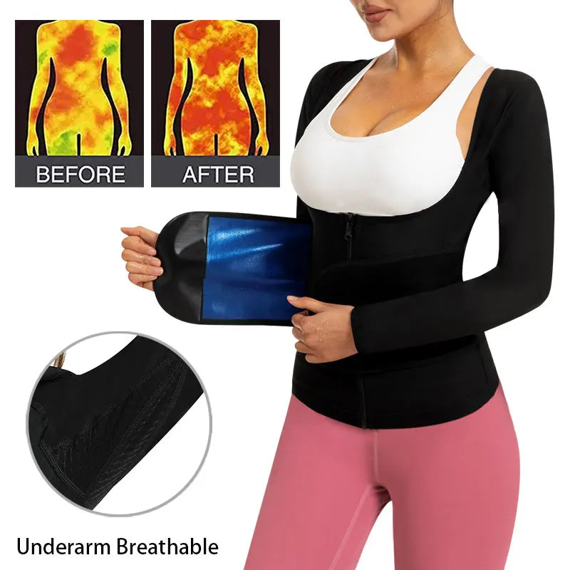 Sauna Shirt for Women Long Sleeve Top Sauna Waist Trainer for Women Weight Loss Sauna Suit Workout Sauna Vest Zipper Body Shaper
