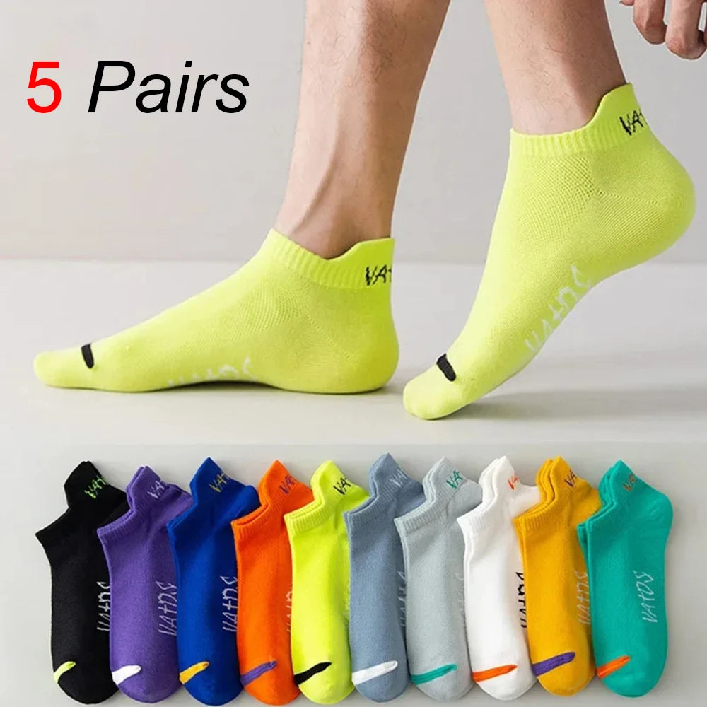 5pairs Men's Fashion Sports Socks, Striped Cotton Sweat Absorption Breathable Comfortable Ankle Socks