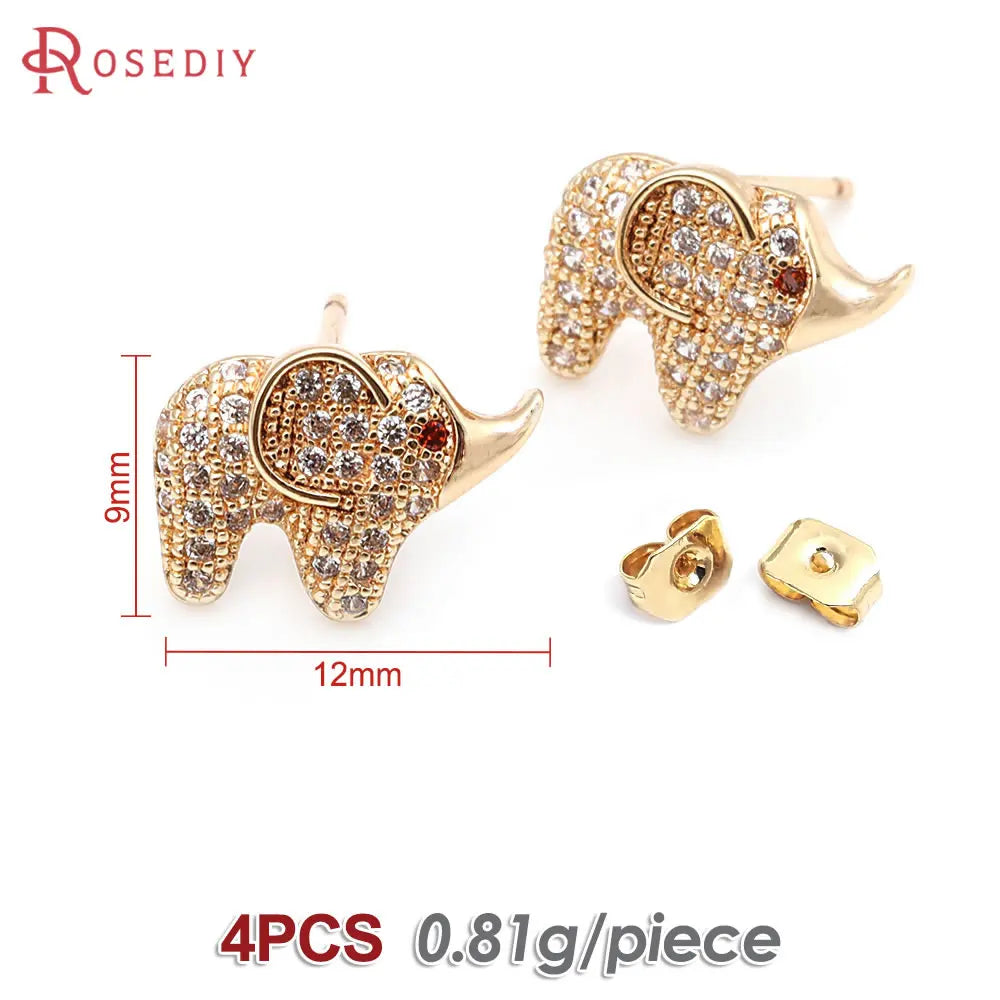 4PCS 18K Gold Color Brass and Zircon Elephant Stud Earrings Pins Earrings High Quality Diy Jewelry Making Accessories for Women