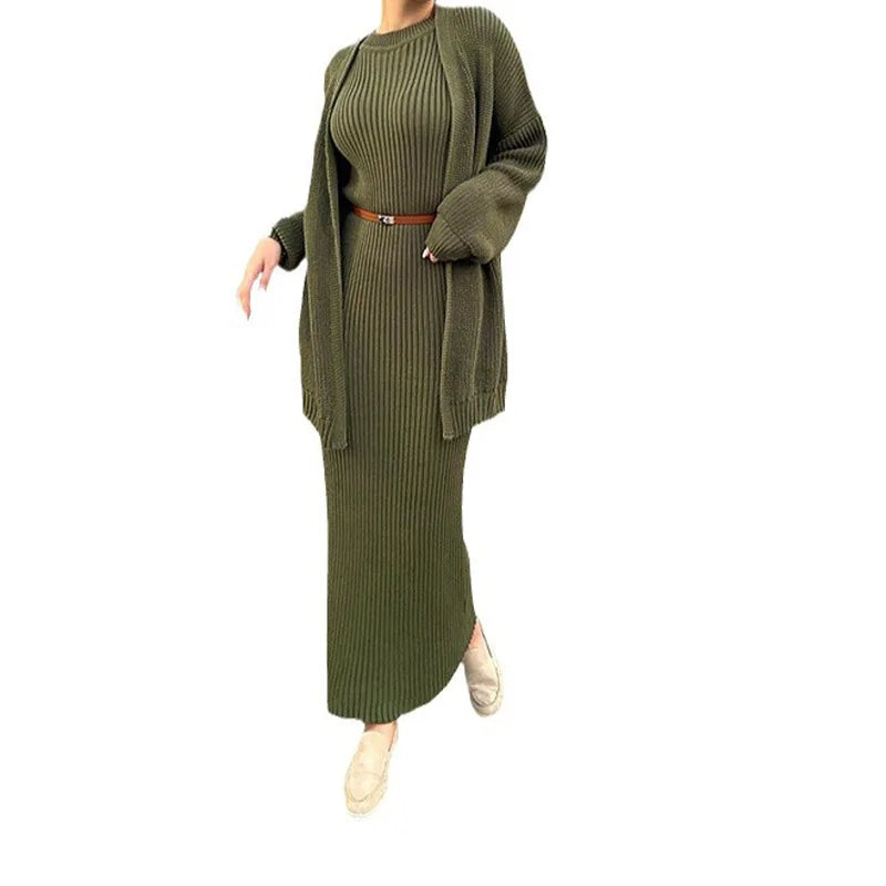 Knitted 2 Piece Sets Women Fashion Cardigan Long Dress Matching Set 2024 Casual Autumn Winter Clothing Womens Outfits Tracksuit