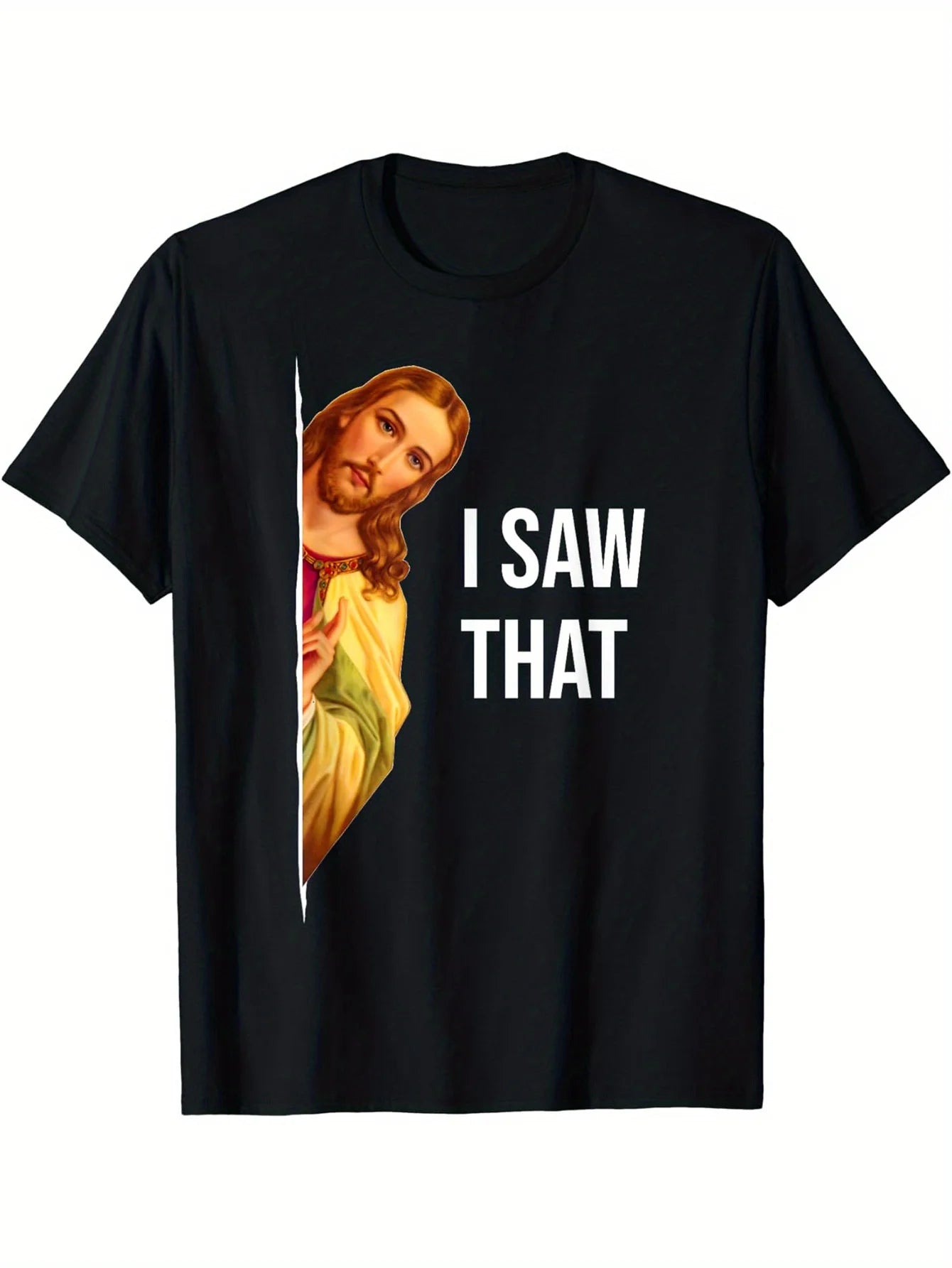 Men's "I SAW THAT" Jesus Meme T-Shirt - Black Crew Neck, Polyester, Graphic Print, Machine Washable