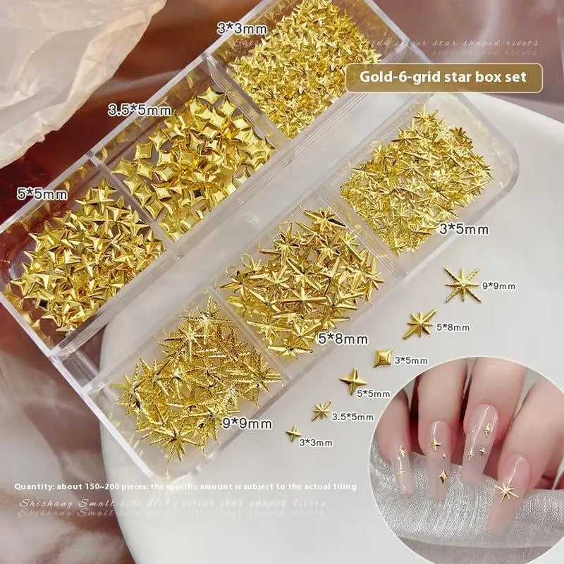 6 Girds 3D Metal Stars Nail Rivet Studs Decoration Starlight Sparkle Jewelry Nail Arts Tools Alloy Manicure Accessories