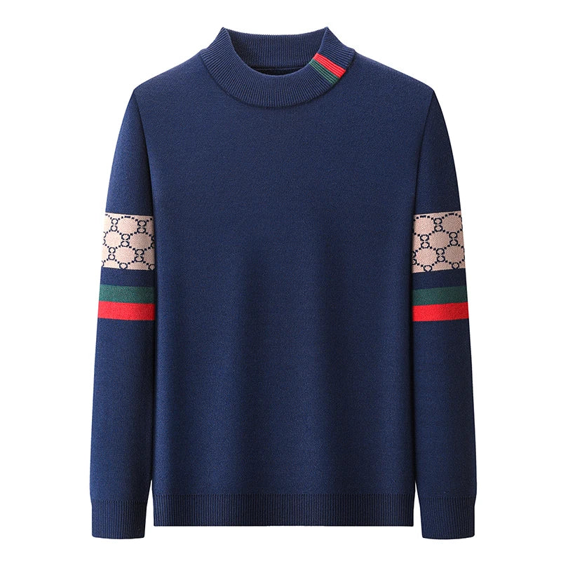 High End Design Men's Pullover O-Neck Velvet Thickened Sweater Winter New Color Blocked Striped Warm Knitted Business Men's wear