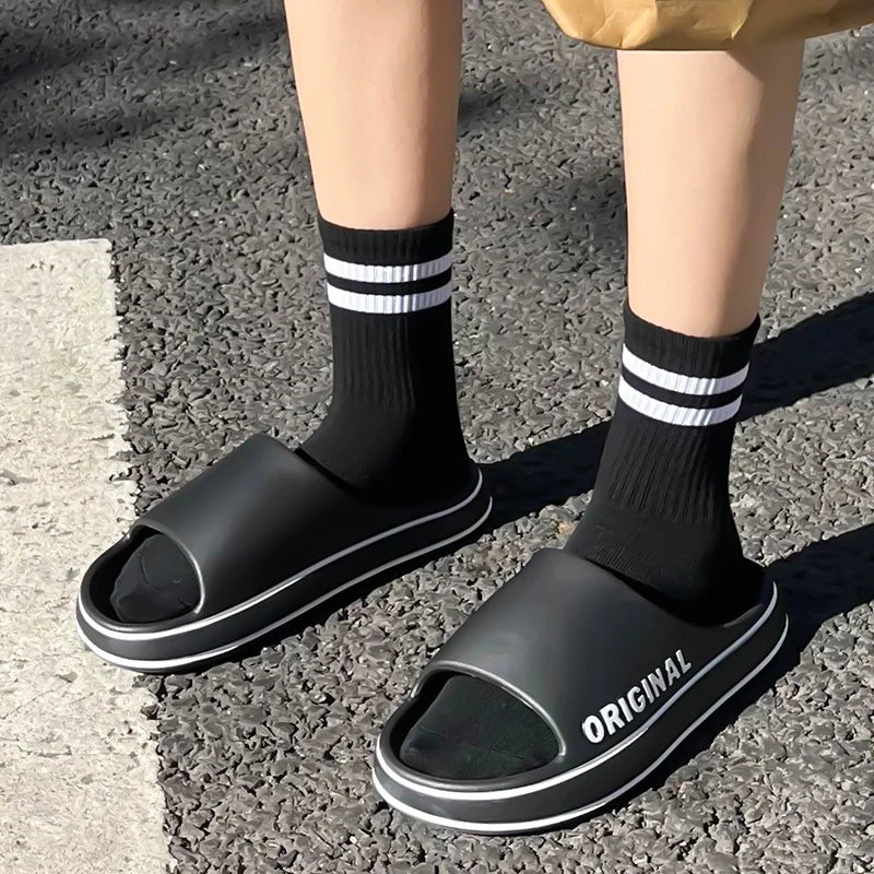 Feslishoet Women Letter Slippers Beach Slides Solid Color Mens Thick Sole Indoor Outdoor Bathroom Anti Slip Shoes Summer Sandal