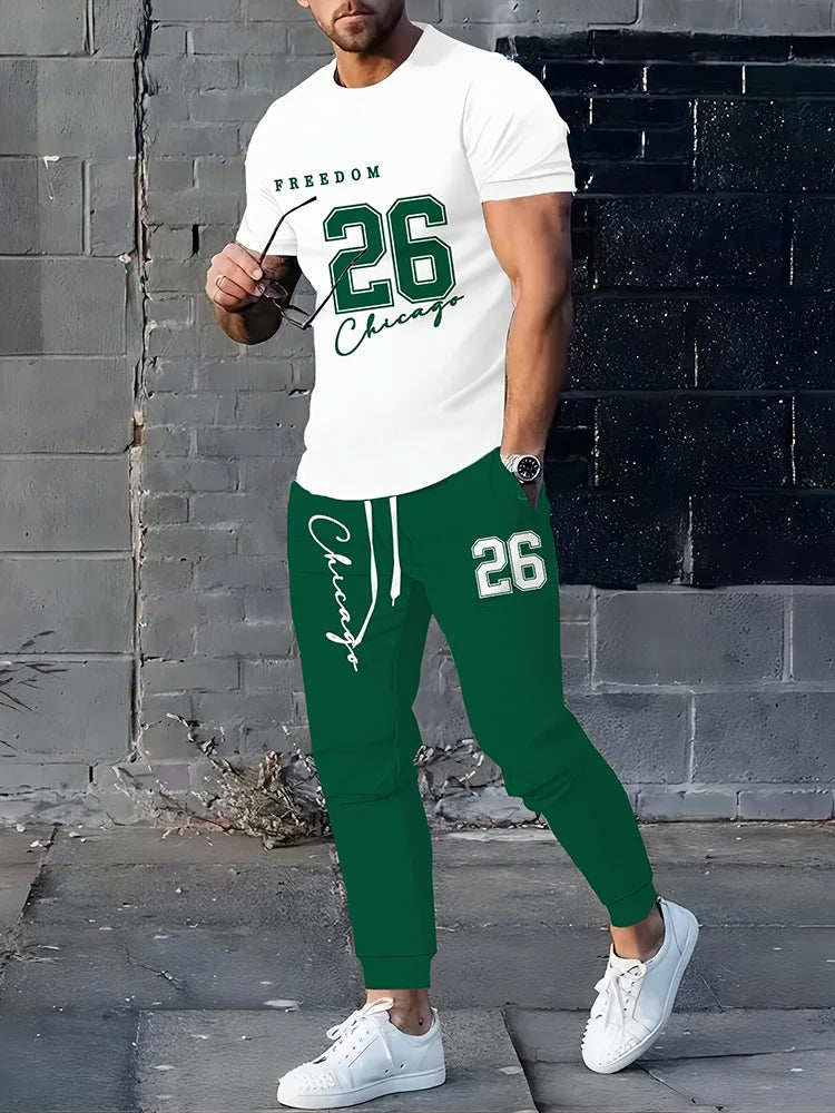 2025 Autumn Simple Striped 3D Printed Men's 2pcs Set, Daily Loose And Casual Men's Short-sleeved Shirt And Drawstring Long Pants