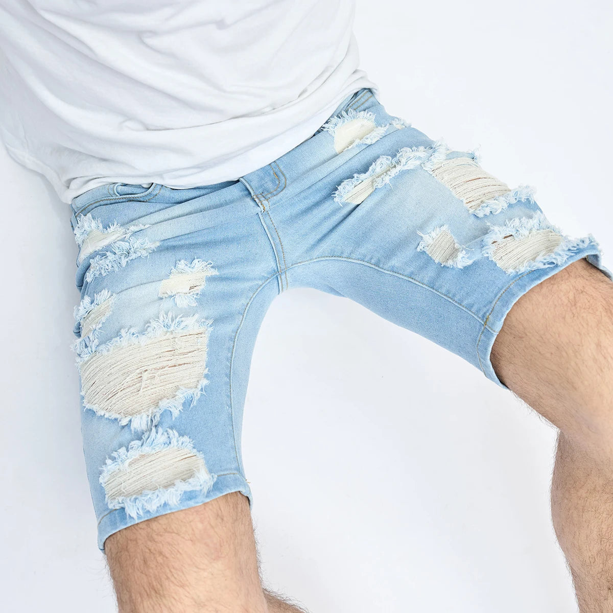 Summer Ripped Shorts Jeans Men's Hip-Hop Denim Pants Stretch Light Blue Fashion Slim Straight Male Denim Shorts