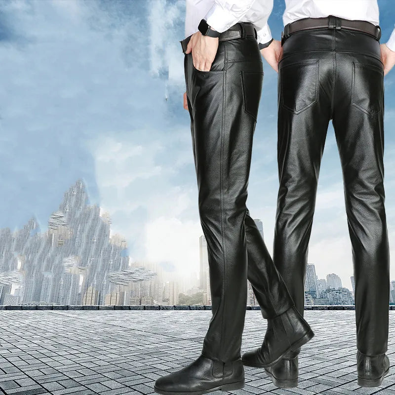 Men's Black Genuine Cowhide Leather Pants Straight Casual Trousers for Youth Autumn Winter Fashion Outerwear