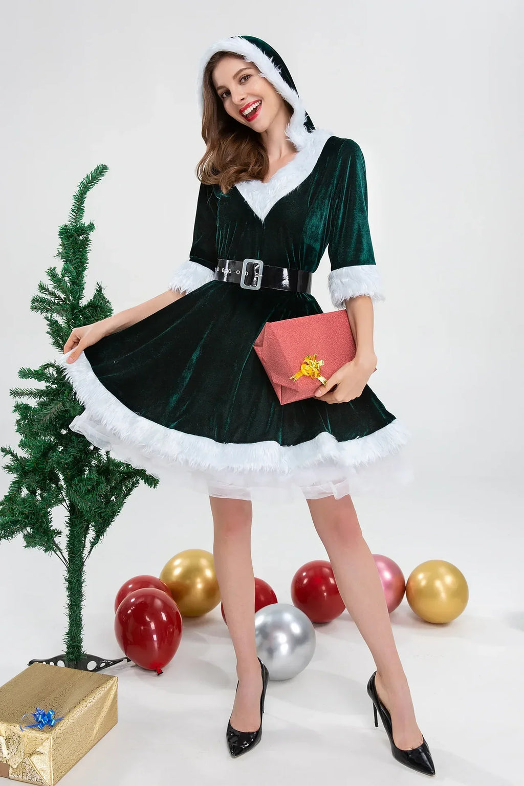 Formal Women Christmas Fancy Dress Xmas Party Fur Tulle Tutu Dress Female High Waist Belt Dress V-Neck Hooded Ball Gown