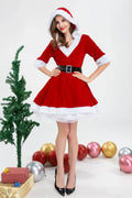 Formal Women Christmas Fancy Dress Xmas Party Fur Tulle Tutu Dress Female High Waist Belt Dress V-Neck Hooded Ball Gown