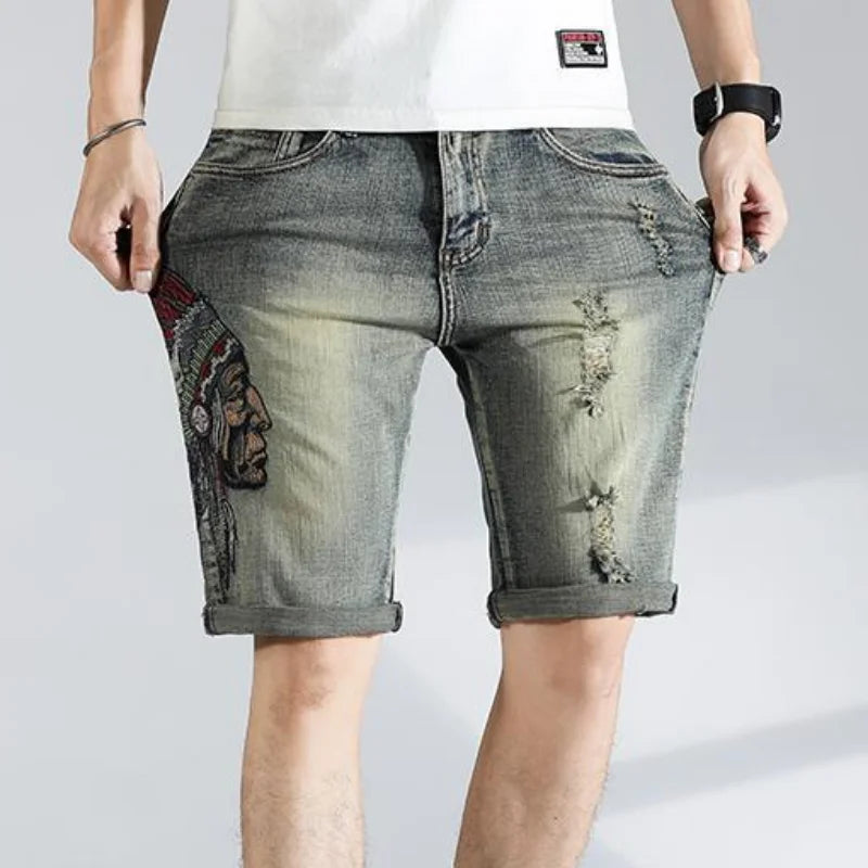 Ripped Graphic Men's Short Jeans Pants Multi Color Male Denim Shorts Hip Hop Korean Fashion Summer Vintage Rude Blue Distressed