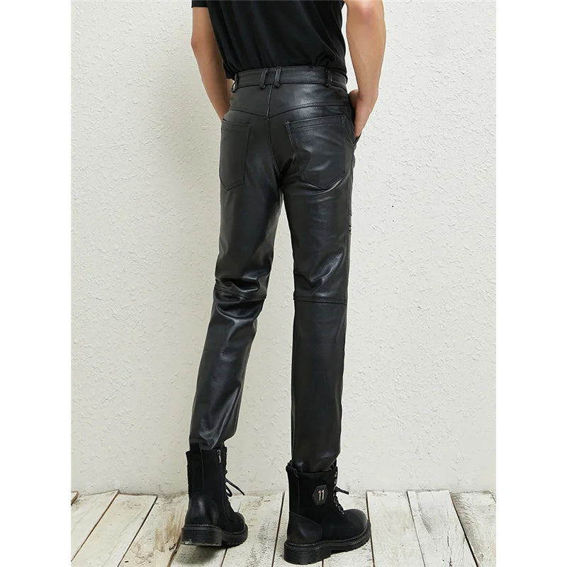 Men's Slim Straight Leather Pants Genuine Cowhide Personality Trousers for Spring And Autumn