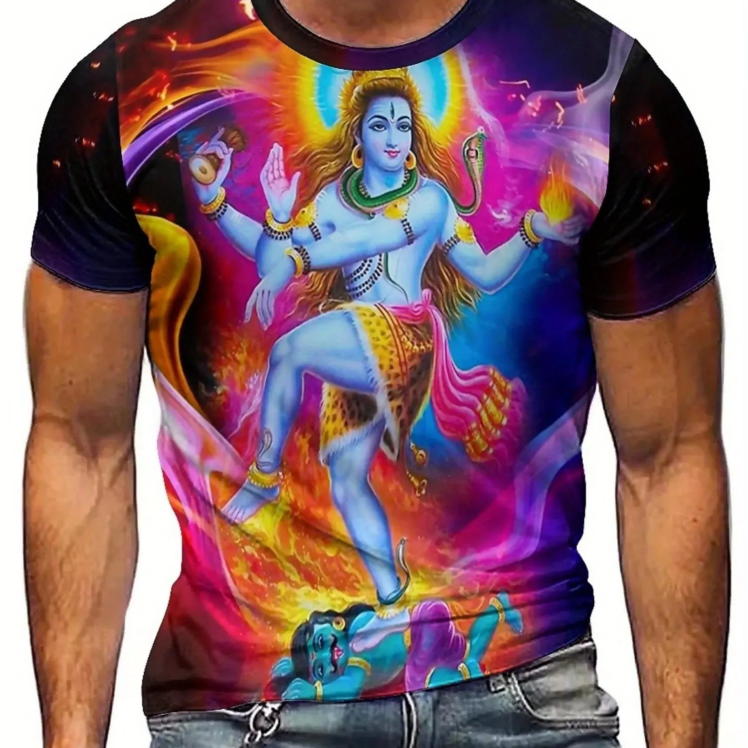 Men'S Vibrant Hindu Deity Graphic T-Shirt - Soft Polyester, Short Sleeve, Round Neck, Casual & Comfortable Fit