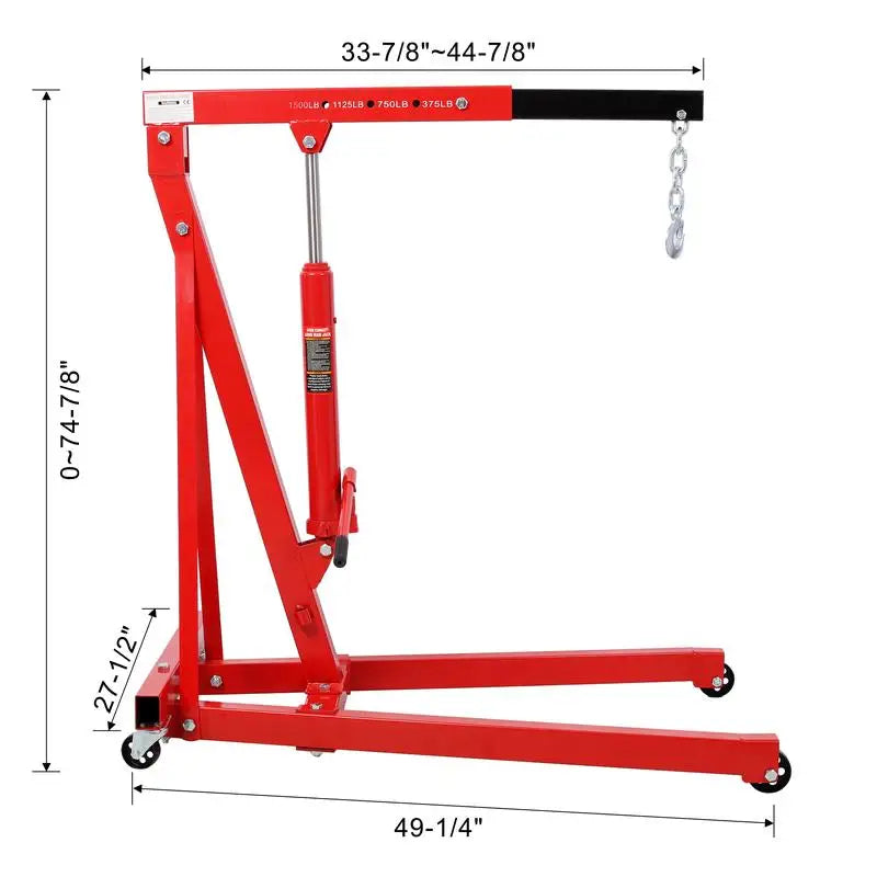 1500 lbs Folding Engine Hoist Cherry Picker Crane Lift, Heavy Duty Steel with 4 Caster Wheels, Red Color, Shop Equipment