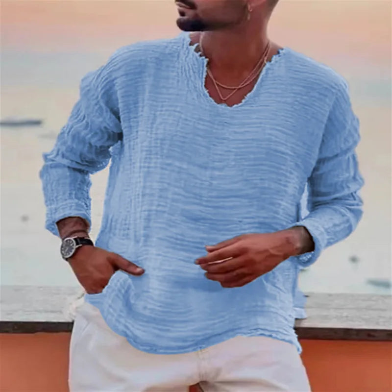 Men's Youth Linen Casual Loose V-neck Wash Water Worn Long-sleeved Shirt