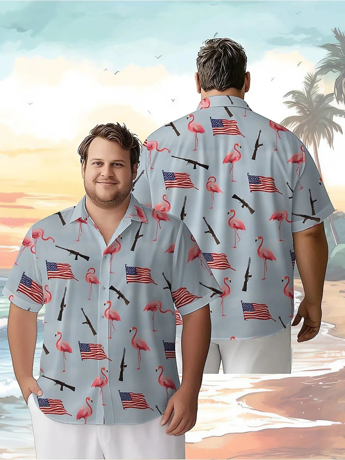 Men's Plus Size Hawaiian Shirts American Flag and Pink Flamingo Pattern,Unisex Baggy Aloha Shirts,Alternative Clothing