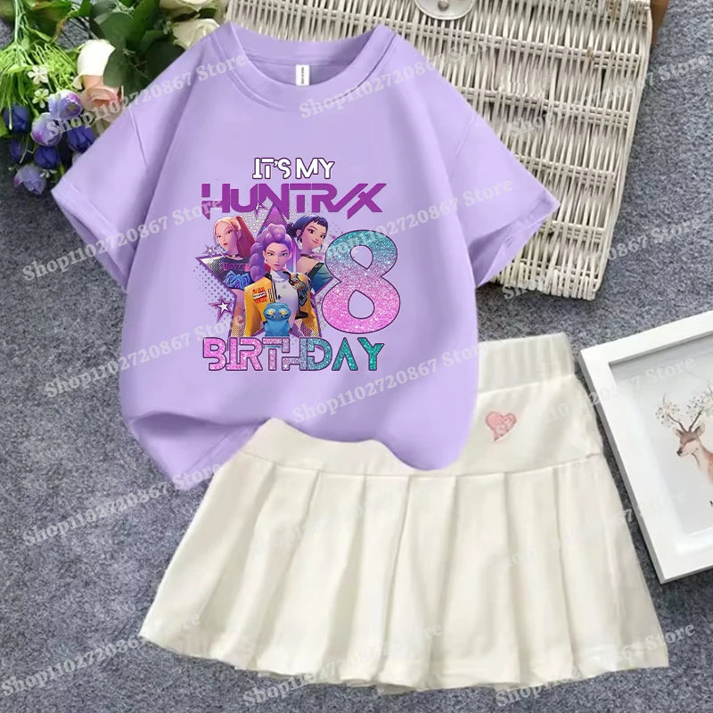 KPop Demon Hunterss T-shirt Short Skirt Set Girl Cartoon Anime Short Sleeve A-line Skirt 2-piece Children Loungewear Dress Gifts
