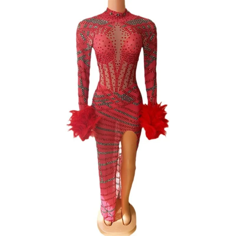 Bar Singer Costume Red Feathers Sexy Temperament Evening Dress Nightclub Model Catwalk Dancing Banquet Dinner Robe Cocktail Luxe