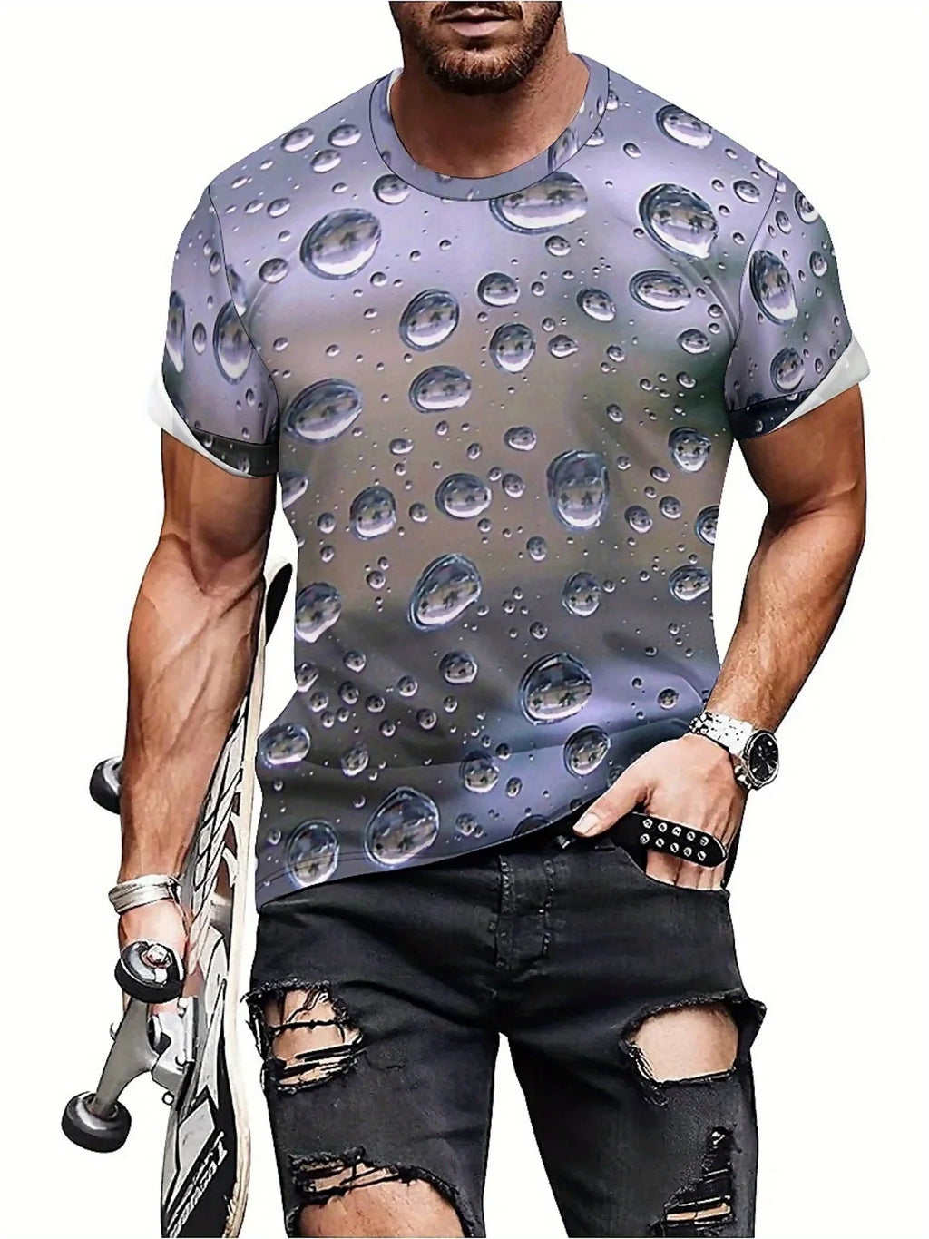 Men's 3D Print Water Drop Geometric Pattern T-Shirt - Hip Hop Streetwear Loose Fit, Soft Breathable Polyester