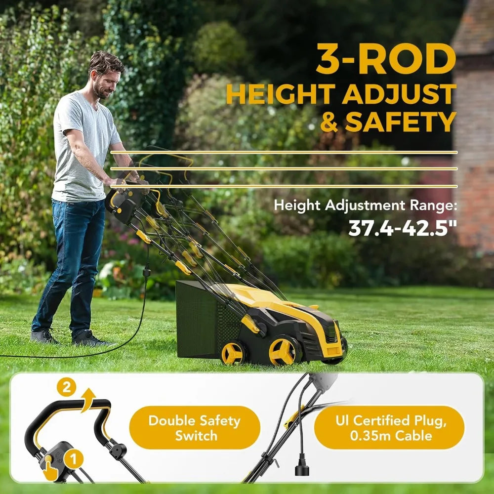 16-Inch Electric Dethatcher and Scarifier with 15 Amp Power, 5-Position Depth Control, 14.5 Gallon Bag for Enhanced Lawn Care