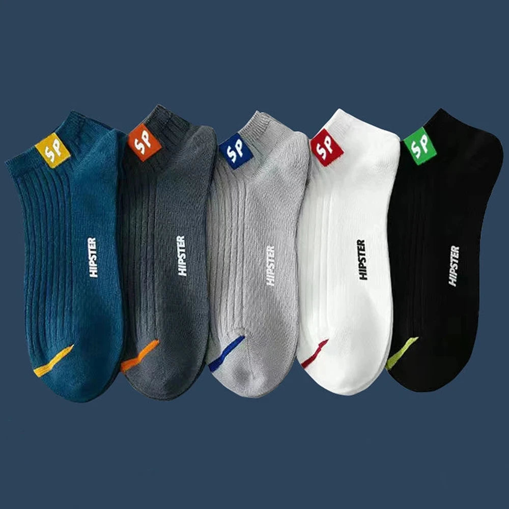 5pairs Men's Fashion Sports Socks, Striped Cotton Sweat Absorption Breathable Comfortable Ankle Socks