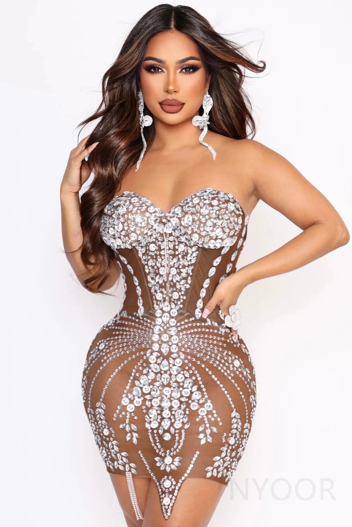 Sexy Tight Backless Tube Top Waist Rhinestone Sparkling Dress Short Skirt Hip Wrap Banquet Singer Model Vestidos Para Graduación