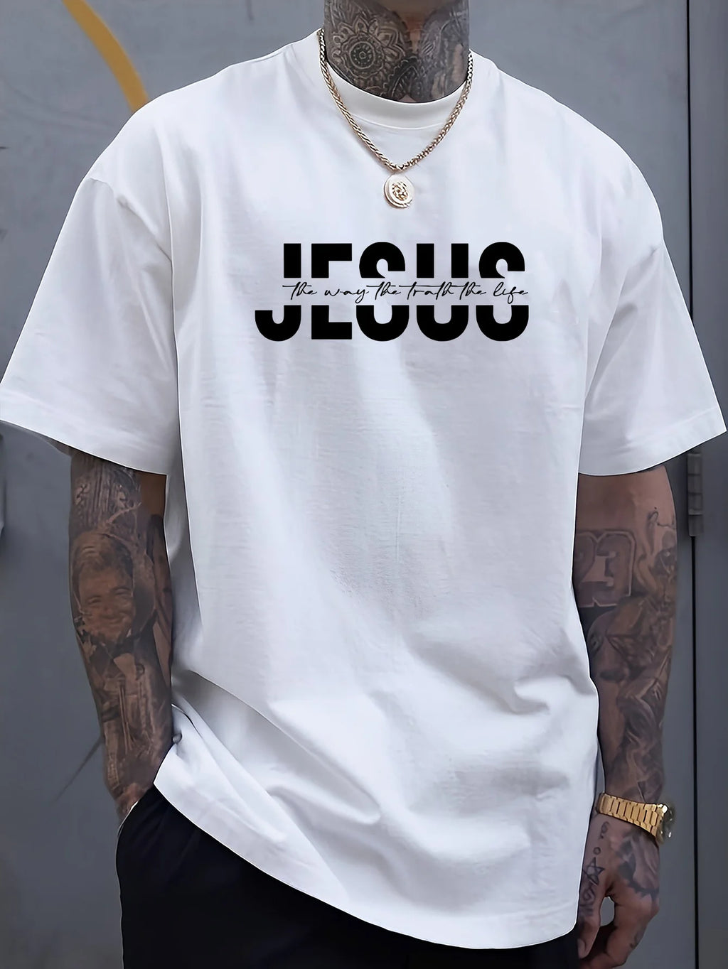 Men's 100% Cotton Crew Neck T-Shirt with "JESUS" Print, Casual Sports Style, Breathable Knit Fabric