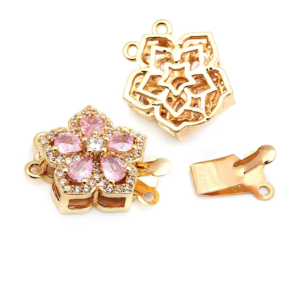 4 Sets Full Size 21x15MM 18K Gold Color Brass Zircon Flower Necklaces Connect Clasps High Quality Diy Jewelry Making Supplies