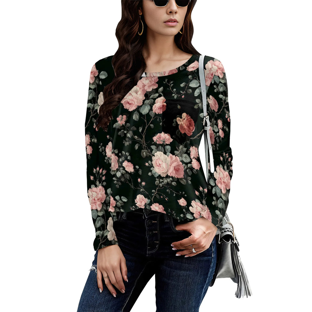 Long Sleeve Shirts for Women Spring Fashion 2025 Floral Crewneck Workout Cute Blouses Casual Loose Fit Tops
