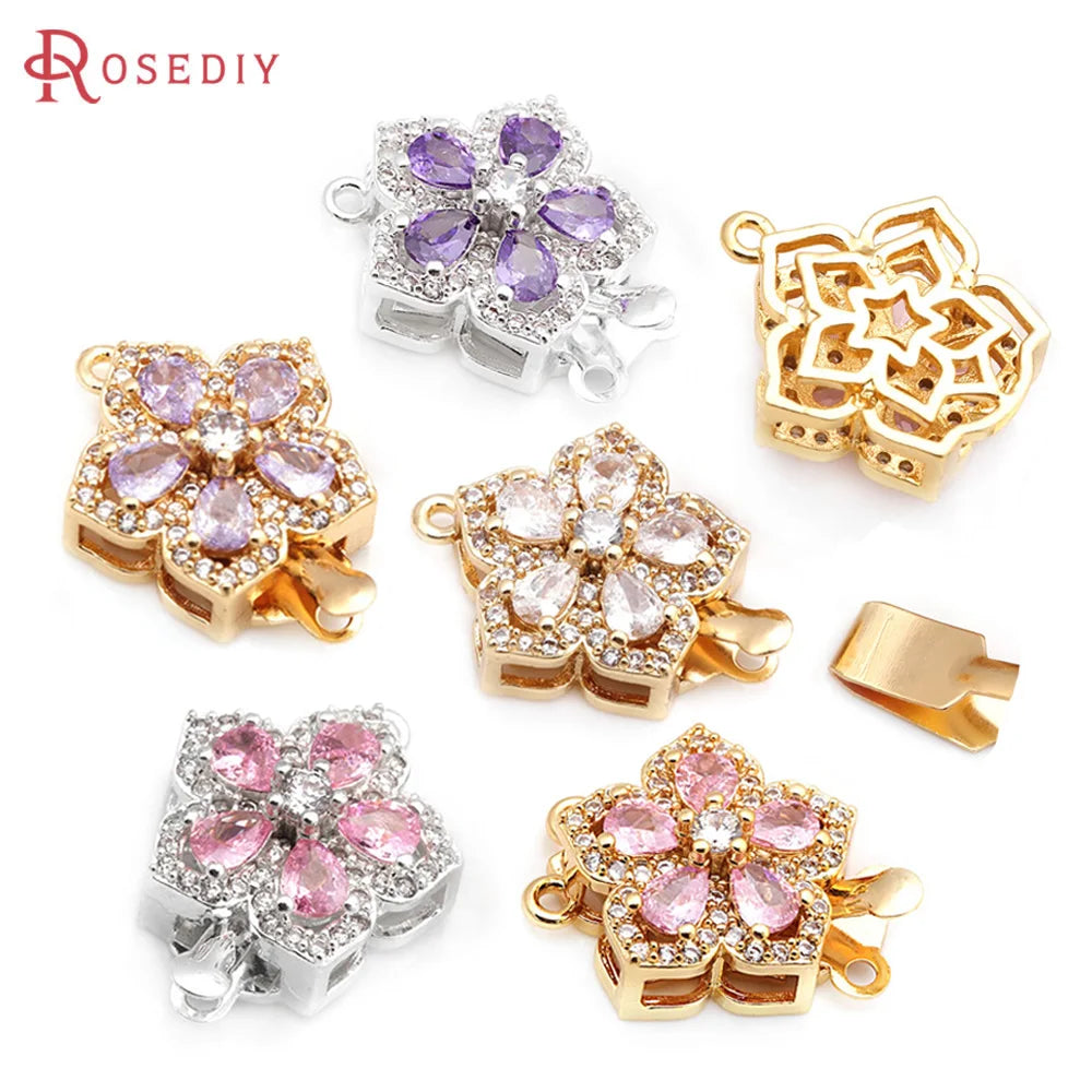 4 Sets Full Size 21x15MM 18K Gold Color Brass Zircon Flower Necklaces Connect Clasps High Quality Diy Jewelry Making Supplies