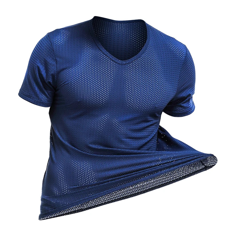 2PCSIce silk mesh T-shirt for men, breathable mesh with perforated fabric, sports and fitness, dry, loose V-neck, trendy m