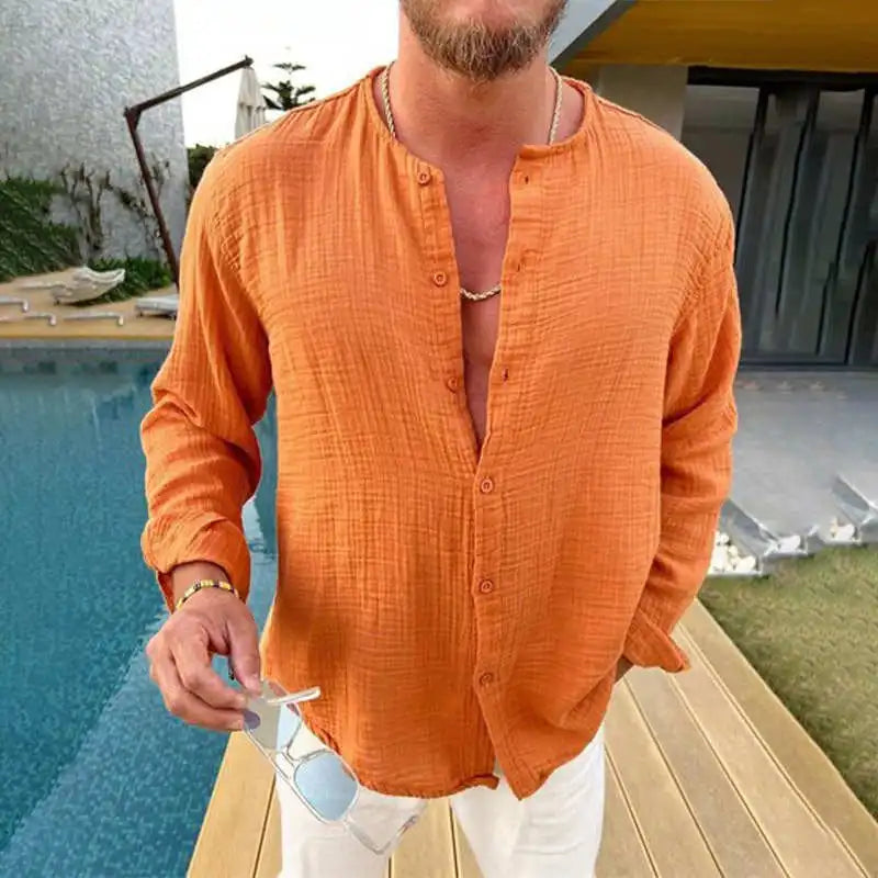 Wrinkled Loose Fit Long Swedi irt with Stand Collar Ice Sensation Cotton Youth Faion oulder Padded Autumn Wear for Men