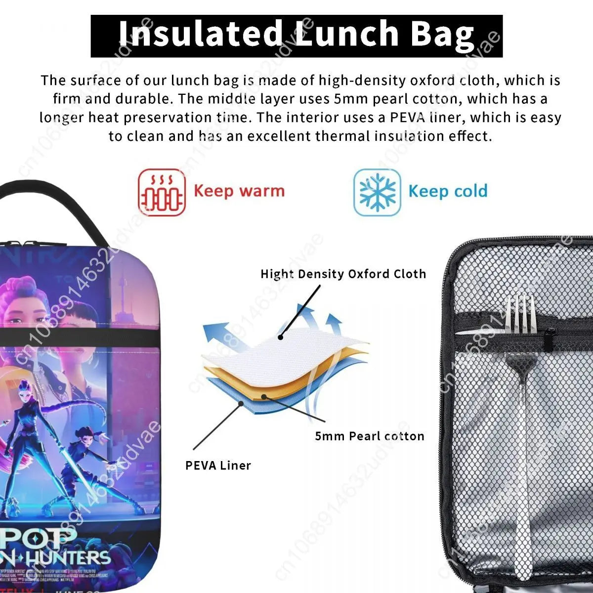 KPop Demon Hunters Anime Lunch Bag Picnic Lunch Box For Women Casual Graphic Thermal Lunch Bags Oxford Portable Cooler Bag