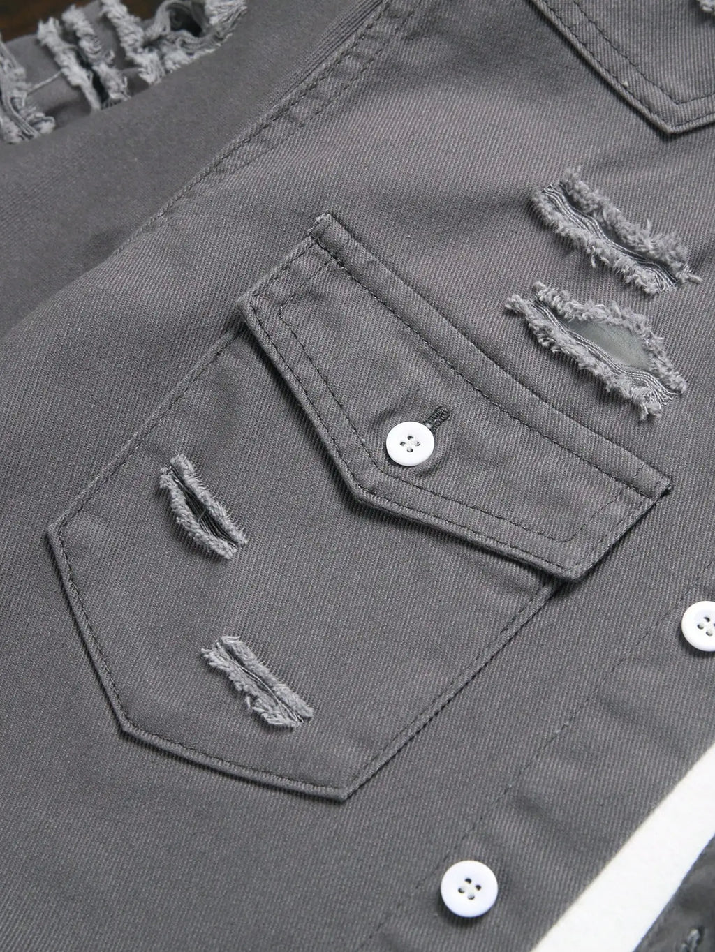 Men's Summer Dark Gray Ripped Short-Sleeve Denim Shirt, featuring a lapel collar and double pockets to retain the workwear style